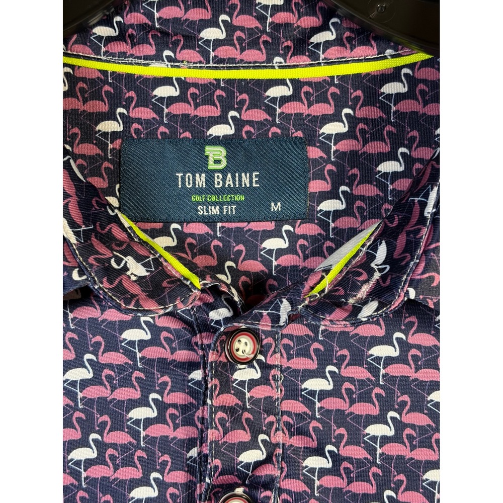 Tom Baine Golf Polo Mens Medium Pink Flamingo Navy Blue Slim Fit Short Sleeve